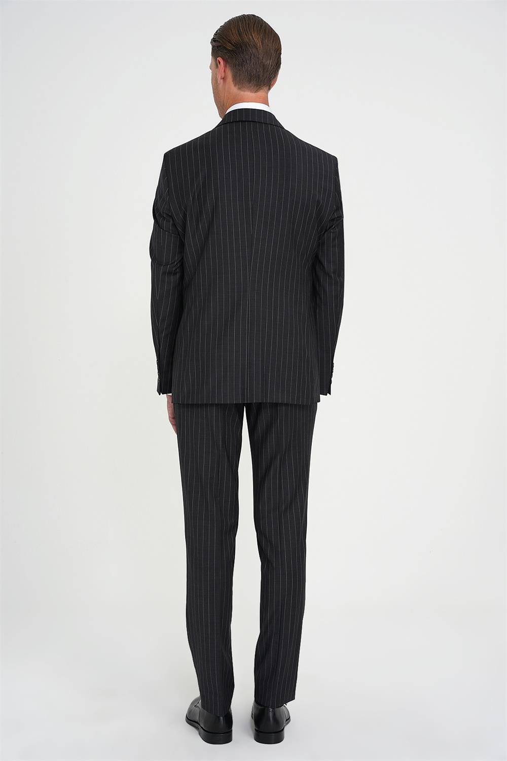Slim Fit Çift Yırtmaç Çizgili Kruvaze Klasik Antrasit Takım Elbise Tk 925