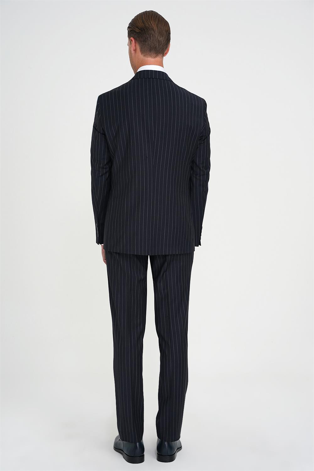 Slim Fit Çift Yırtmaç Çizgili Kruvaze Klasik Koyu Lacivert Takım Elbise Tk 925