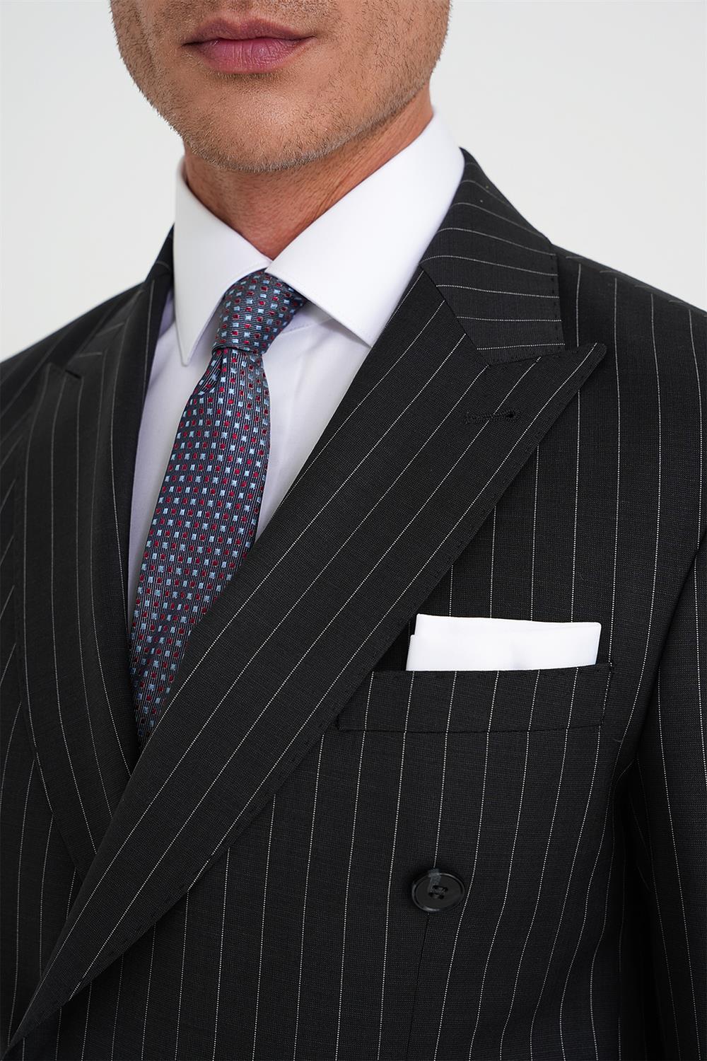 Slim Fit Çift Yırtmaç Çizgili Kruvaze Klasik Antrasit Takım Elbise Tk 925
