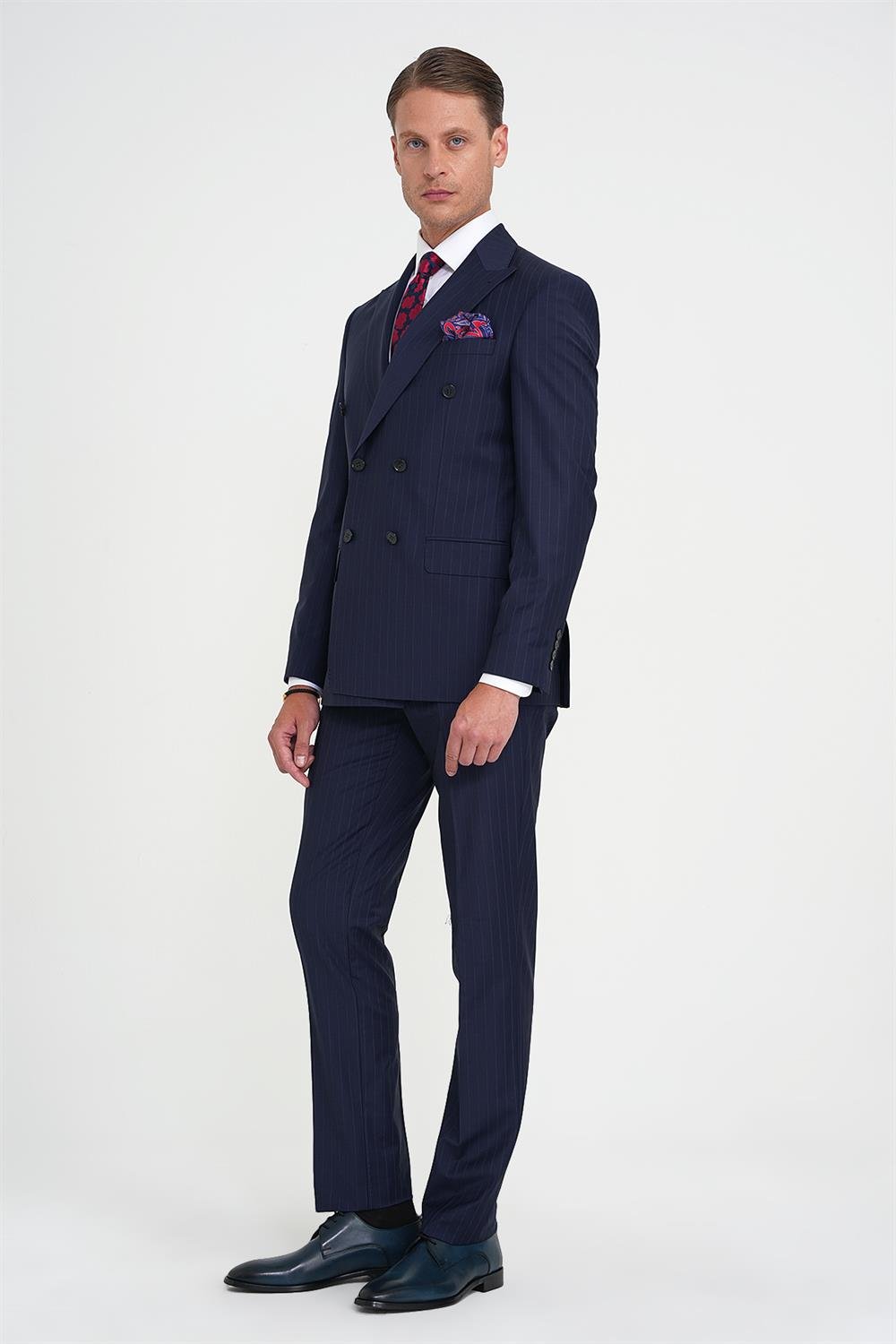 Slim Fit Çift Yırtmaç Çizgili Kruvaze Klasik Lacivert Takım Elbise Tk 925