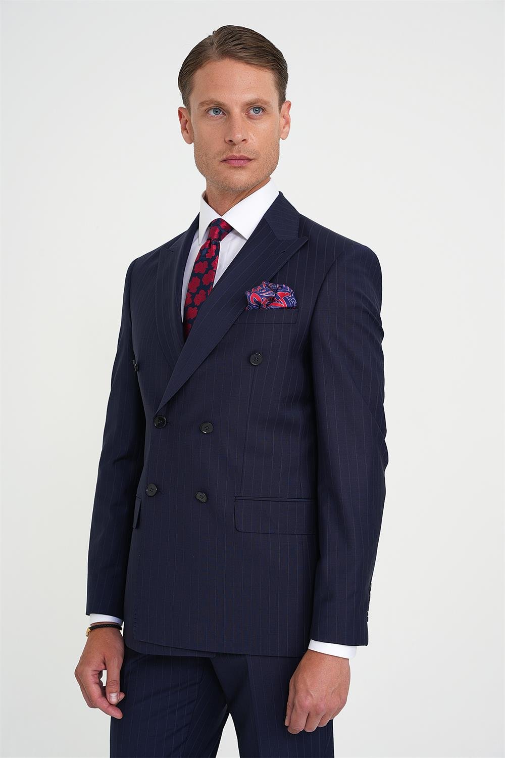 Slim Fit Çift Yırtmaç Çizgili Kruvaze Klasik Lacivert Takım Elbise Tk 925