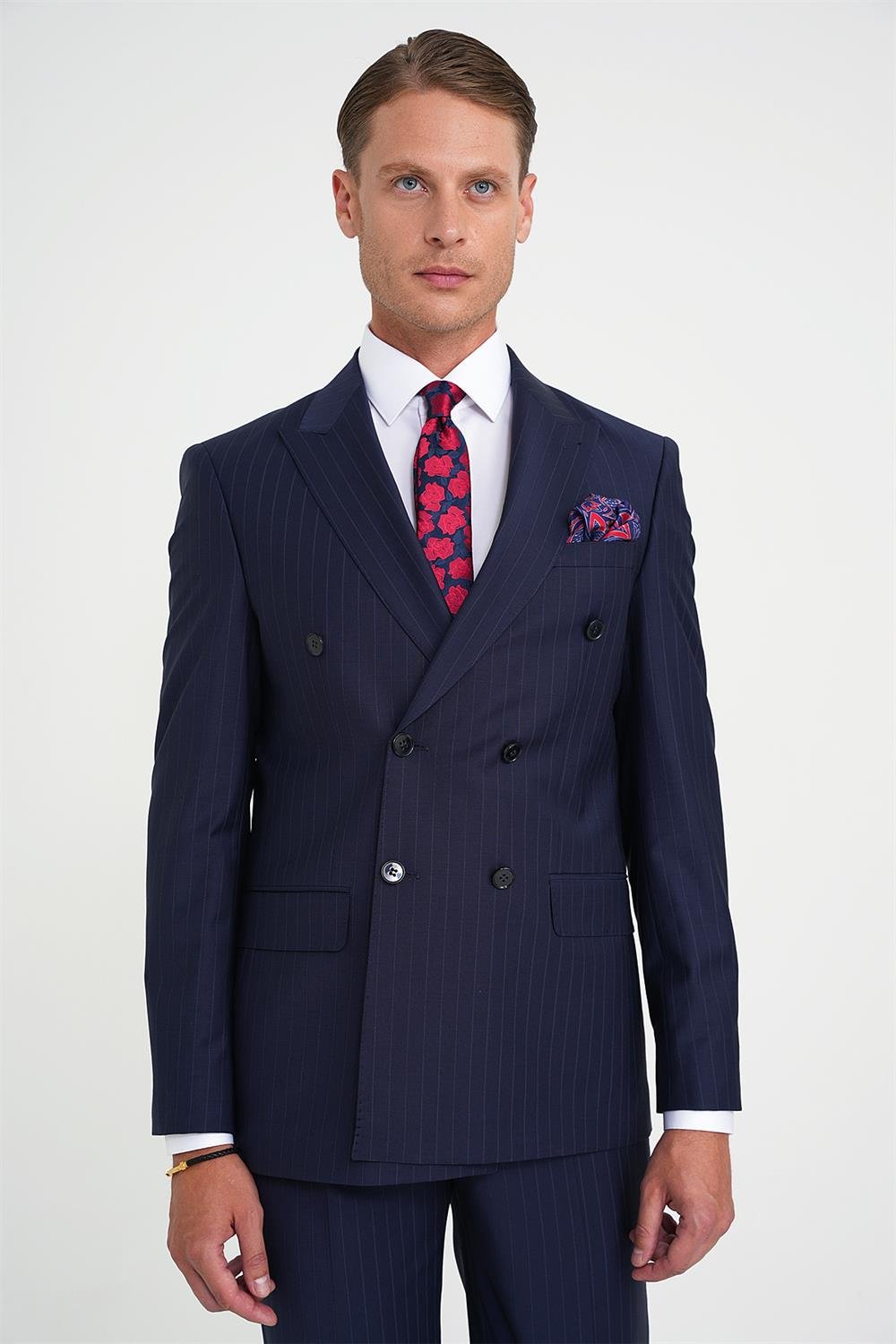 Slim Fit Çift Yırtmaç Çizgili Kruvaze Klasik Lacivert Takım Elbise Tk 925