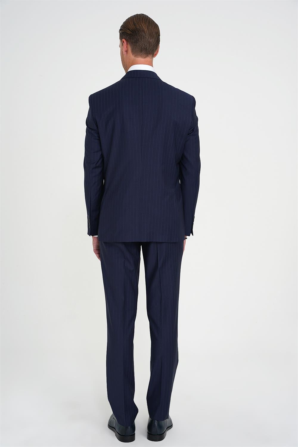 Slim Fit Çift Yırtmaç Çizgili Kruvaze Klasik Lacivert Takım Elbise Tk 925