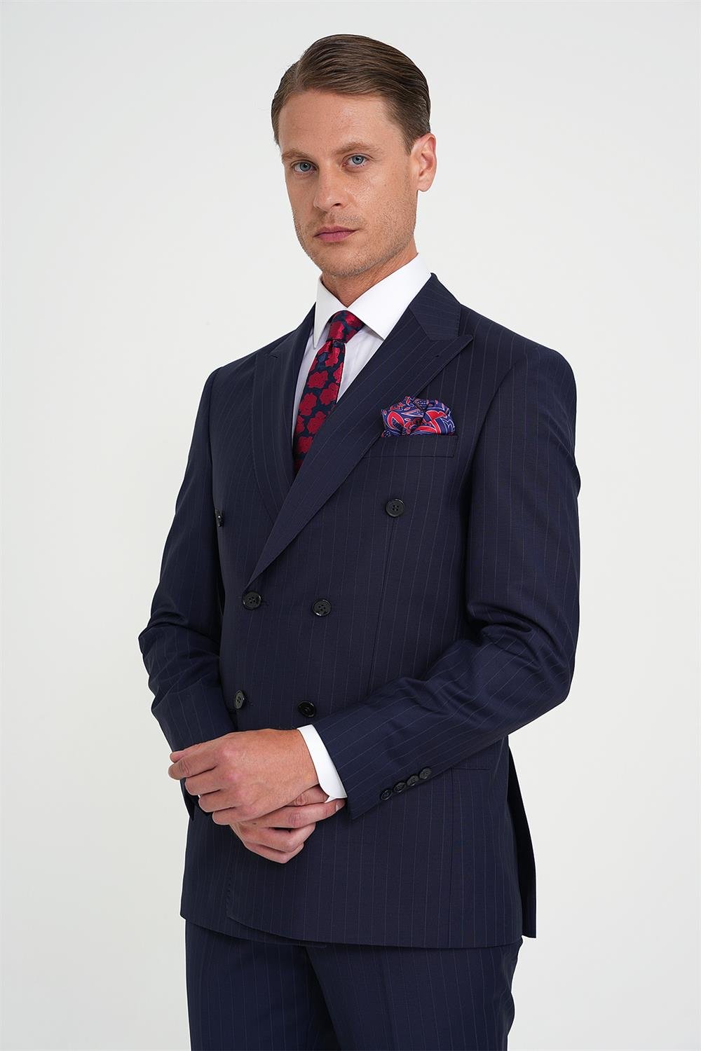 Slim Fit Çift Yırtmaç Çizgili Kruvaze Klasik Lacivert Takım Elbise Tk 925