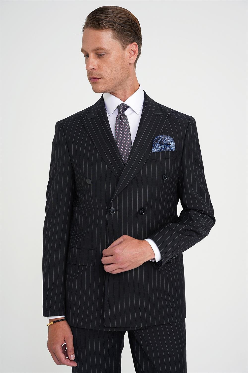 Slim Fit Çift Yırtmaç Çizgili Kruvaze Klasik Koyu Lacivert Takım Elbise Tk 925