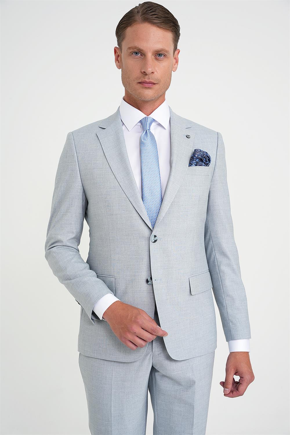 Slim Fit Çift Yırtmaç Esnek Yün Mavi Takım Elbise Tk 918