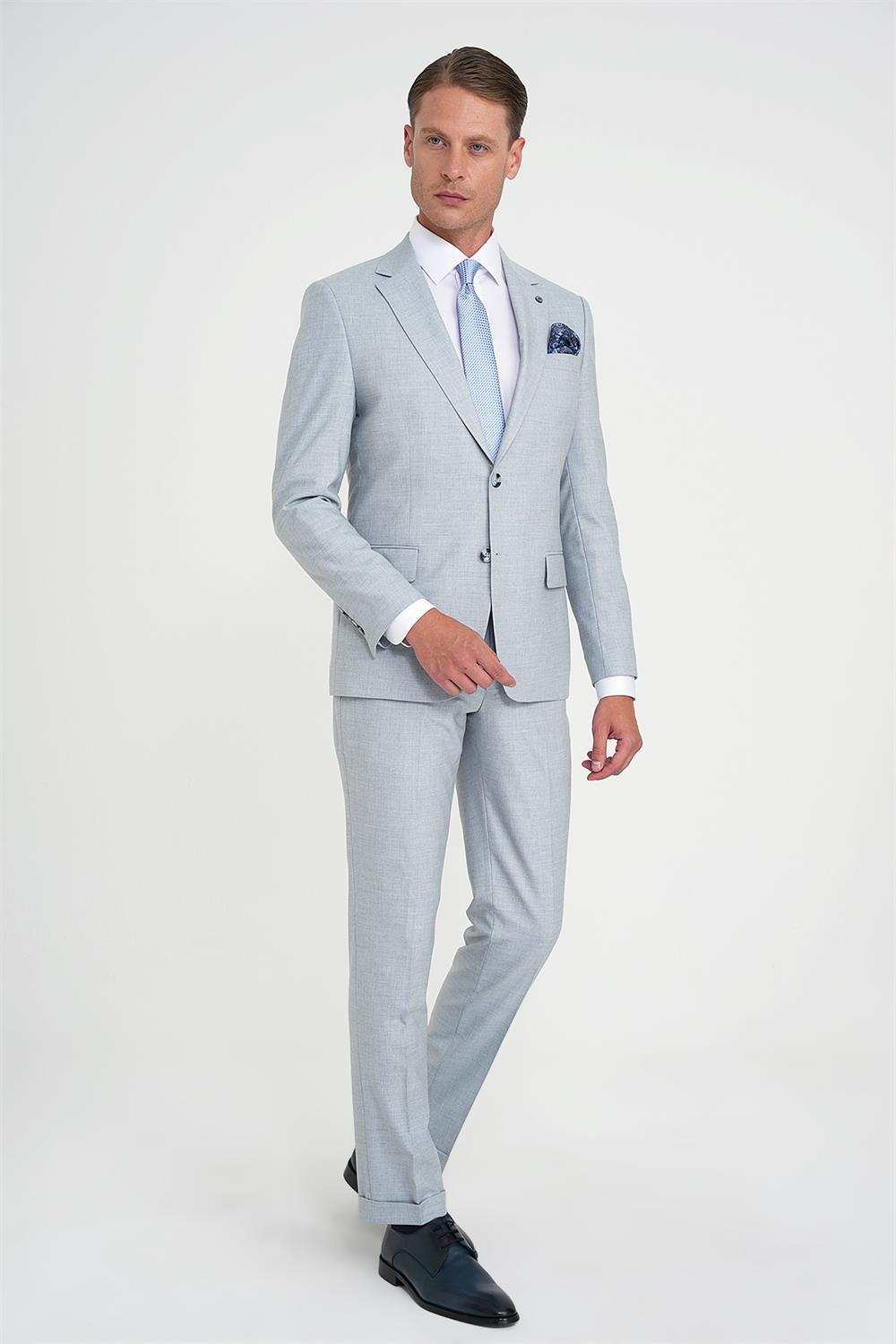 Slim Fit Çift Yırtmaç Esnek Yün Mavi Takım Elbise Tk 918