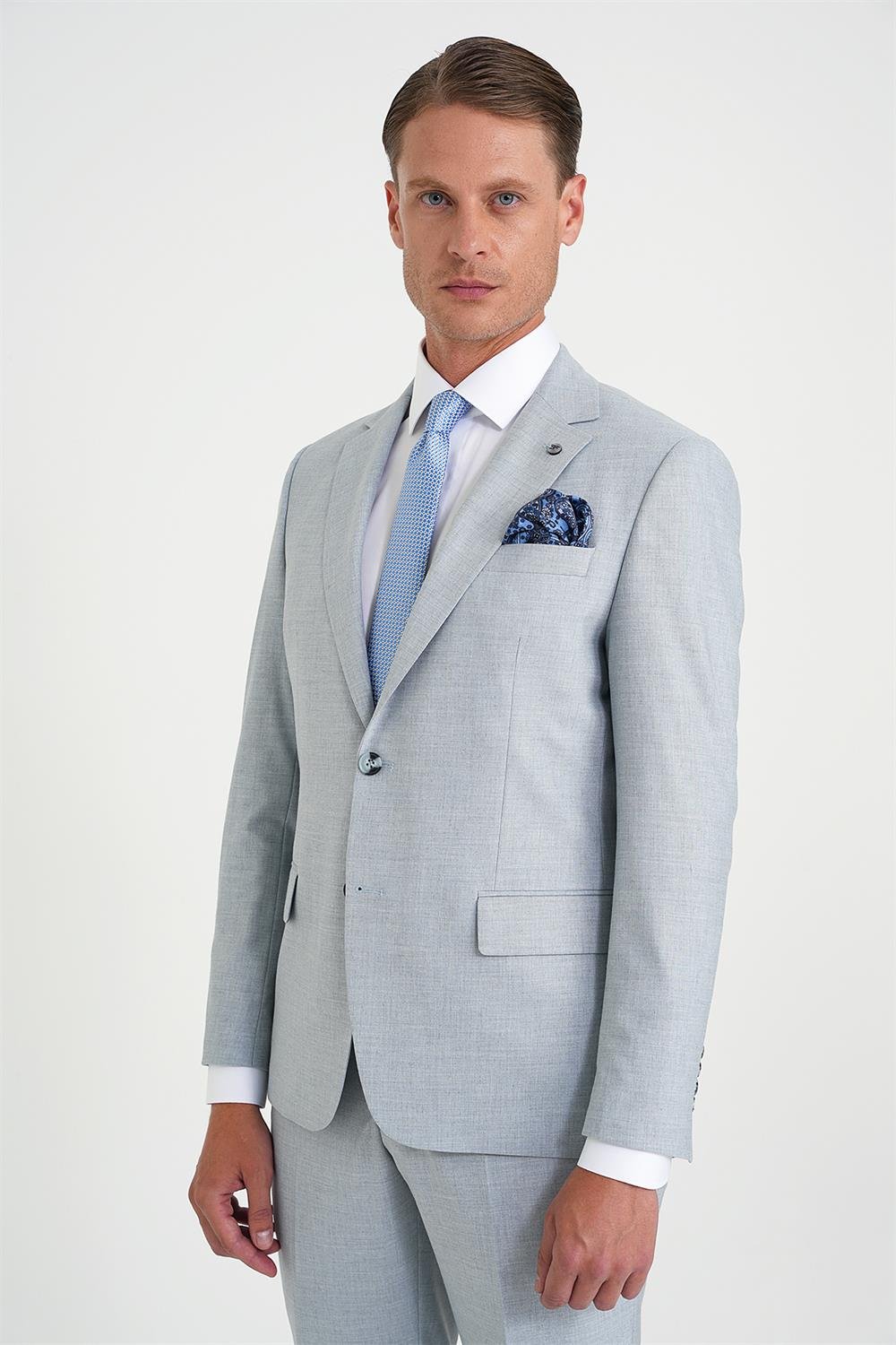 Slim Fit Çift Yırtmaç Esnek Yün Mavi Takım Elbise Tk 918