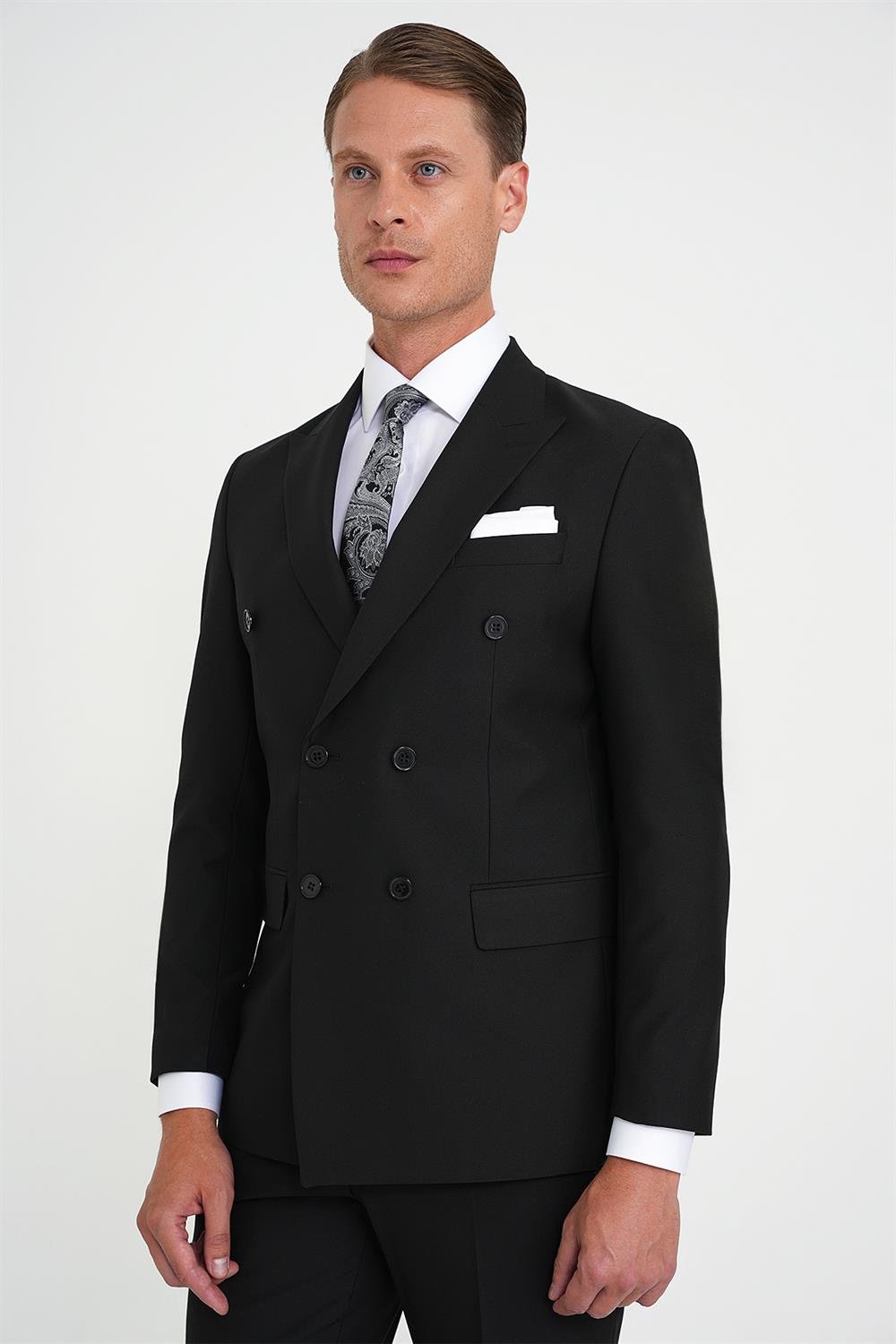 Slim Fit Çift Yırtmaç Kruvaze Klasik Siyh Takım Elbise Tk 919