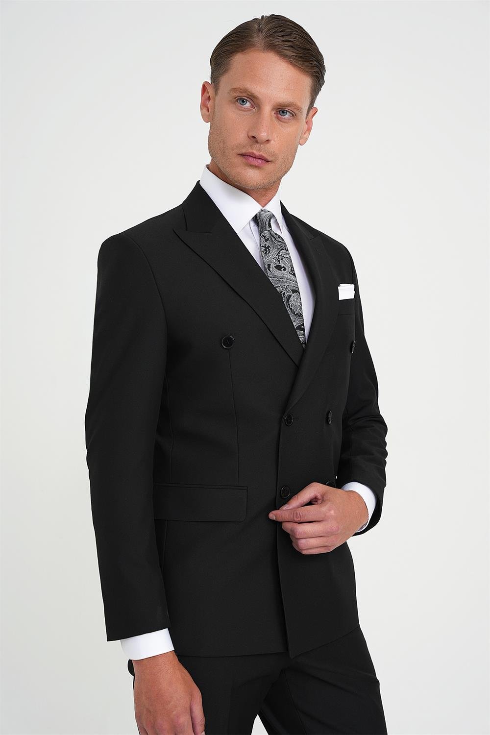 Slim Fit Çift Yırtmaç Kruvaze Klasik Siyh Takım Elbise Tk 919