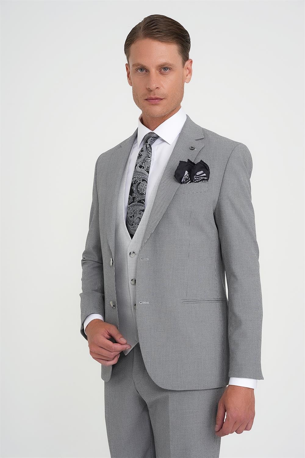 Slim Fit Fleto Cep Pötikare Desenli Yelekli Siyah Takım Elbise Tk 922
