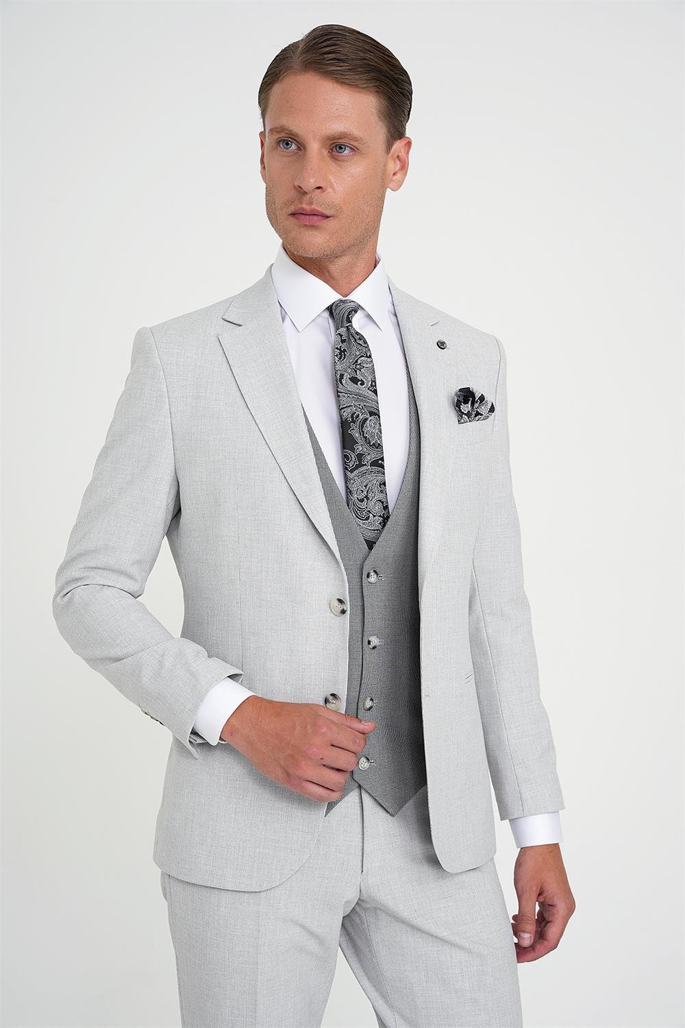 Slim Fit Fleto Cep Pötikare Desenli Yelekli Gri Takım Elbise Tk 922