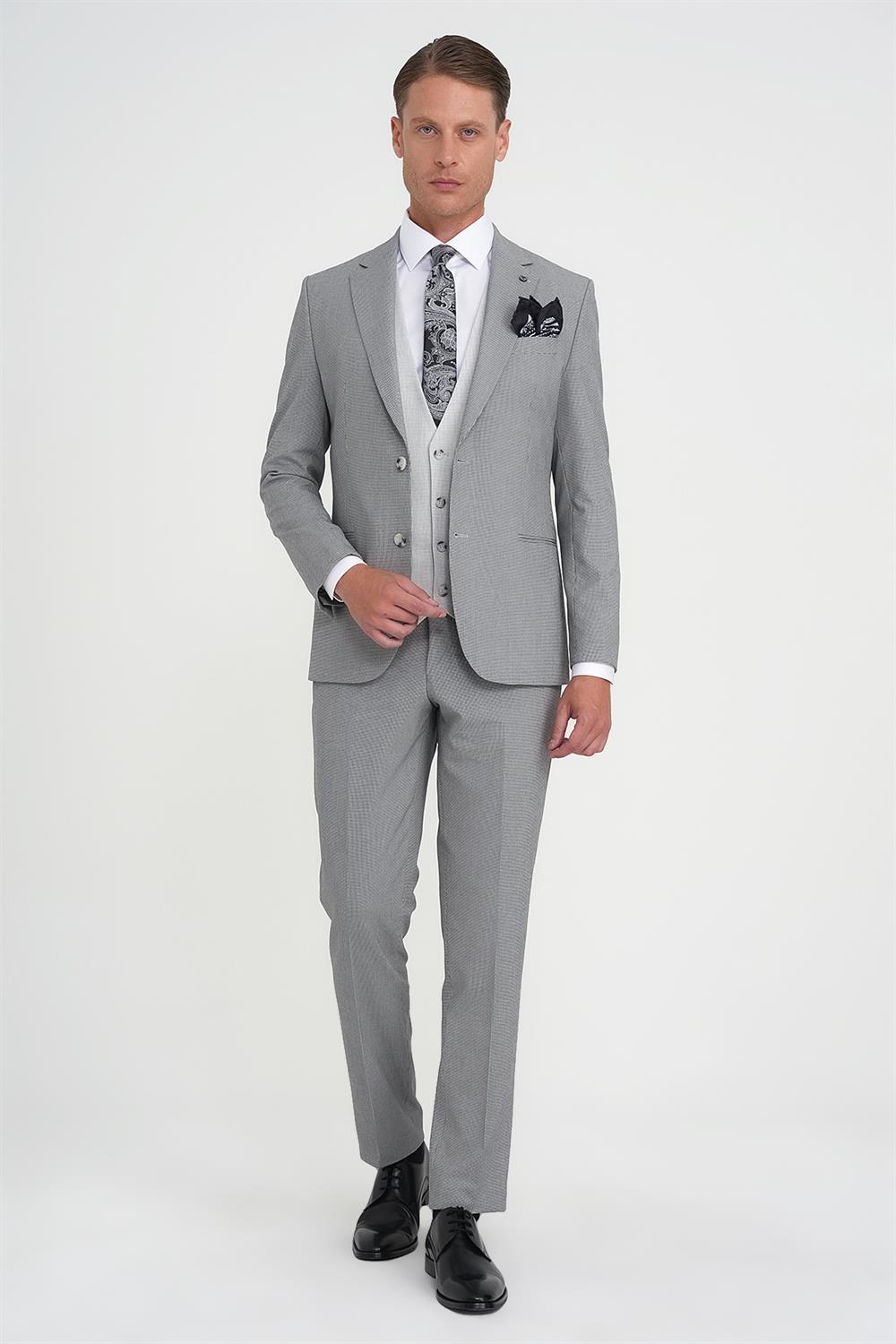 Slim Fit Fleto Cep Pötikare Desenli Yelekli Siyah Takım Elbise Tk 922