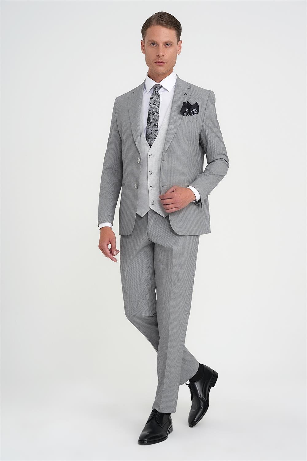Slim Fit Fleto Cep Pötikare Desenli Yelekli Siyah Takım Elbise Tk 922