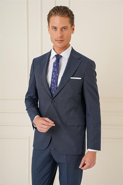 093 Slim Fit Kazayağı Desenli %100 Yün Klasik Lacivert Takım Elbise