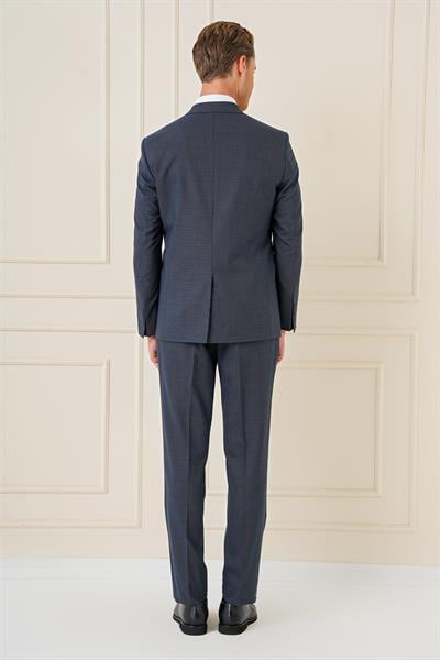 093 Slim Fit Kazayağı Desenli %100 Yün Klasik Lacivert Takım Elbise
