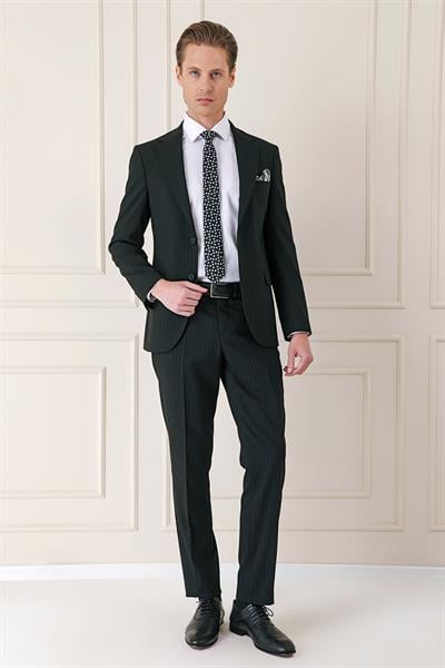 095 Slim Fit İtalyan Çizgili Esnek Klasik Siyah Takım Elbise