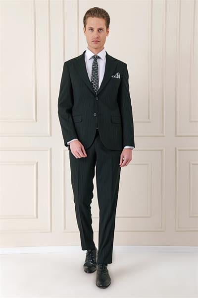 095 Slim Fit İtalyan Çizgili Esnek Klasik Siyah Takım Elbise