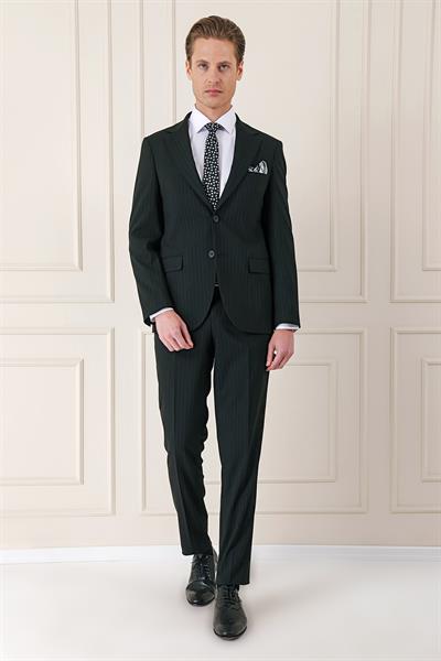 095 Slim Fit İtalyan Çizgili Esnek Klasik Siyah Takım Elbise