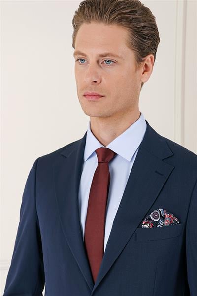 096 Slim Fit %100 Yün Düz Klasik Lacivert Takım Elbise