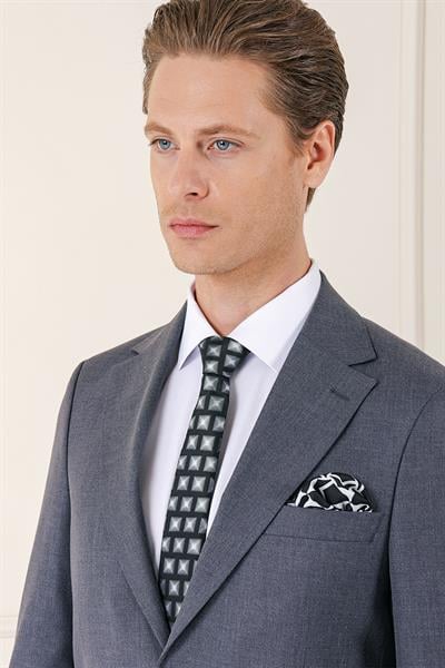 098 Slim Fit Yünlü Düz Klasik Füme Takım Elbise
