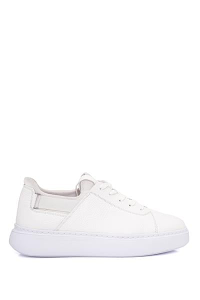 Bağcıklı Yandan Lastikli Kalın Eva Taban Beyaz Deri Sneaker Ayakkabı 2025-7