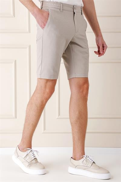 Bermuda 034 Slim Fit Beli Lastikli Gofre Pamuklu Casuel Taş Şort