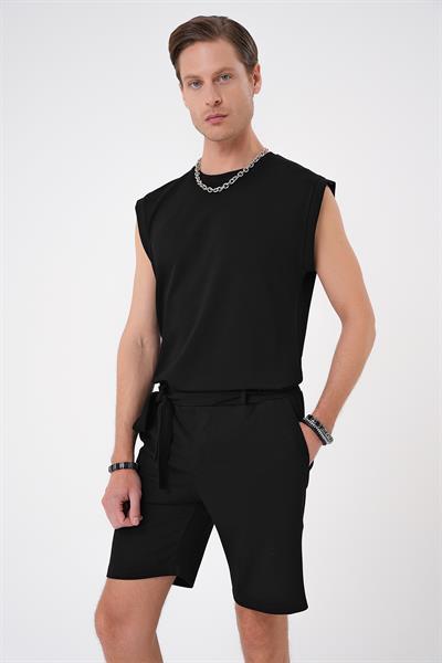 Bermuda 035 Comfort Fit Bağcıklı Bel Viskon Karışımlı Casuel Siyah Şort