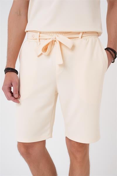 Bermuda 035 Comfort Fit Bağcıklı Bel Viskon Karışımlı Casuel Bej Şort
