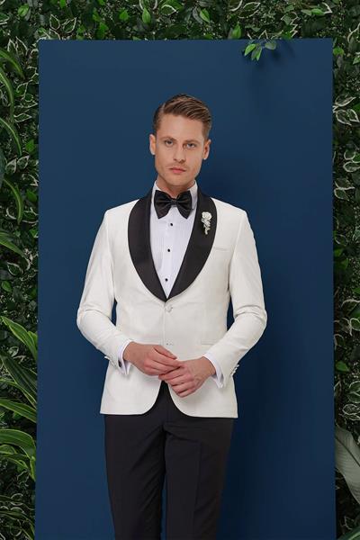 Black 033 Slim Fit Fleto Cepli Saten Yaka Çift Yırtmaçlı Beyaz Damatlık Smokin Ceket