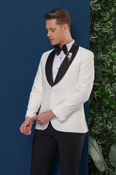 Black 033 Slim Fit Fleto Cepli Saten Yaka Çift Yırtmaçlı Beyaz Damatlık Smokin Ceket