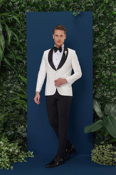 Black 033 Slim Fit Fleto Cepli Saten Yaka Çift Yırtmaçlı Beyaz Damatlık Smokin Ceket