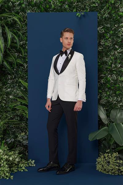 Black 033 Slim Fit Fleto Cepli Saten Yaka Çift Yırtmaçlı Beyaz Damatlık Smokin Ceket