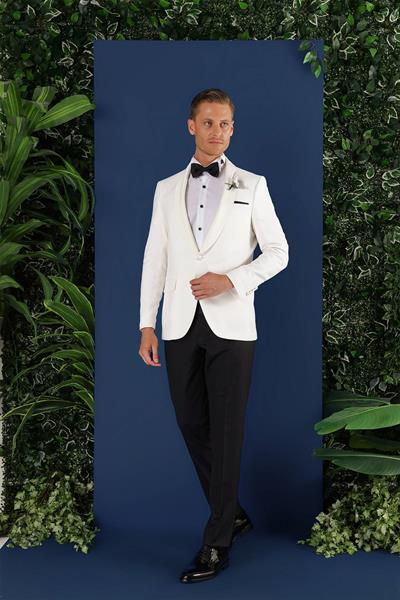 Black 034 Slim Fit Saten Yaka Çift Yırtmaçlı Damatlık Ekru Smokin Ceket