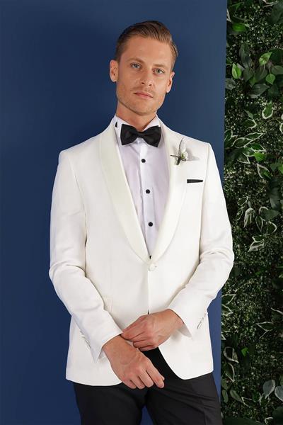 Black 034 Slim Fit Saten Yaka Çift Yırtmaçlı Damatlık Ekru Smokin Ceket