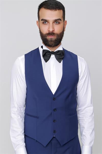 Black 034 Slim Fit Yelekli Çıkma Saten Yaka Parlement Damatlık Smokin Takım
