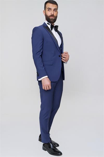 Black 034 Slim Fit Yelekli Çıkma Saten Yaka Parlement Damatlık Smokin Takım