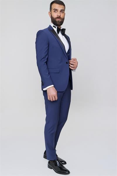 Black 034 Slim Fit Yelekli Çıkma Saten Yaka Parlement Damatlık Smokin Takım