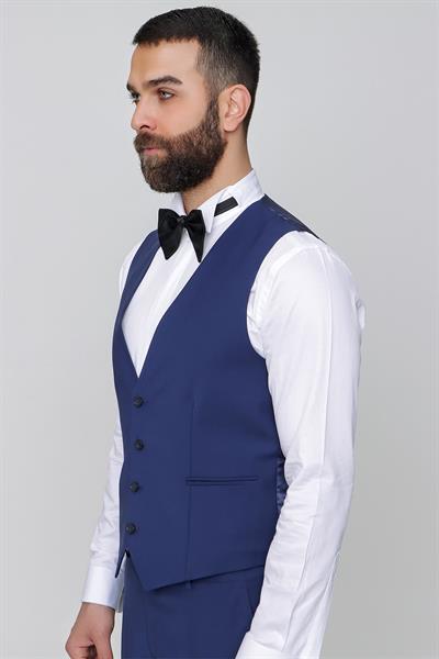 Black 034 Slim Fit Yelekli Çıkma Saten Yaka Parlement Damatlık Smokin Takım