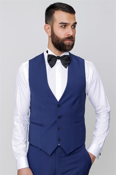 Black 034 Slim Fit Yelekli Çıkma Saten Yaka Parlement Damatlık Smokin Takım