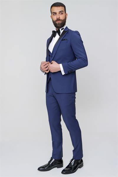 Black 034 Slim Fit Yelekli Çıkma Saten Yaka Parlement Damatlık Smokin Takım