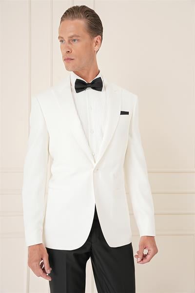 Black 035 Slim Fit Saten Yaka Çift Yırtmaçlı Tek Düğmeli Krem Damatlık Smokin Ceket