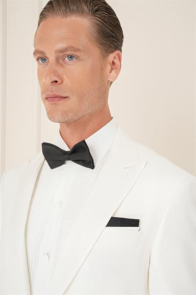 Black 035 Slim Fit Saten Yaka Çift Yırtmaçlı Tek Düğmeli Krem Damatlık Smokin Ceket