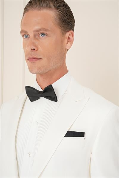Black 035 Slim Fit Saten Yaka Çift Yırtmaçlı Tek Düğmeli Krem Damatlık Smokin Ceket