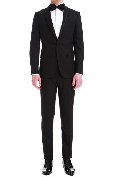 Black 048 Slim Fit Çıkma Saten Yaka Siyah Damatlık Smokin Takım 