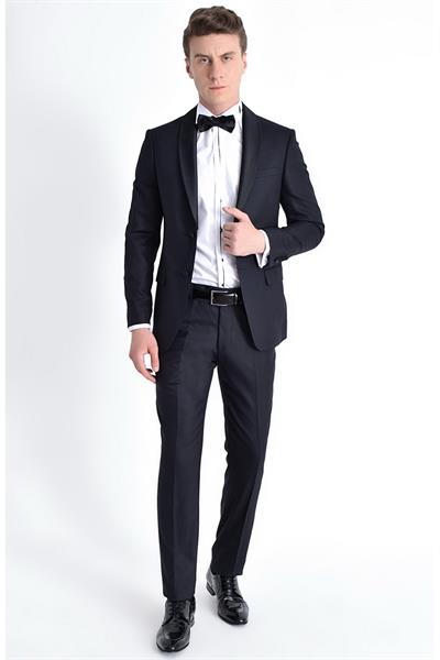 Black 052 Slim Fit Çıkma Saten Yaka Lacivert Damatlık Smokin Takım