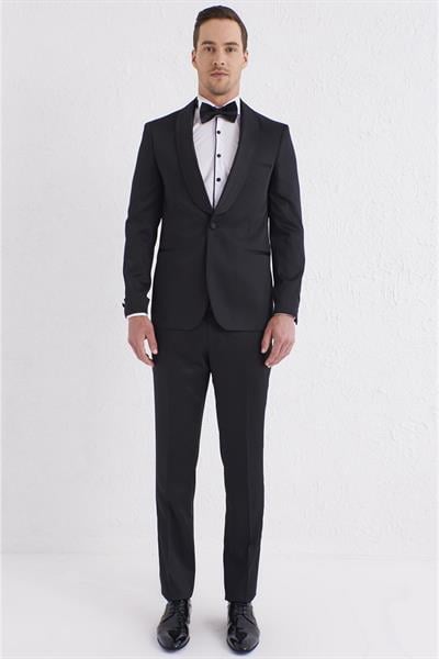 Black 056 Slim Fit Çıkma Saten Yaka Siyah Damatlık Smokin Takım