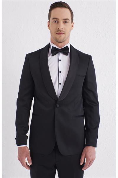Black 056 Slim Fit Çıkma Saten Yaka Siyah Damatlık Smokin Takım