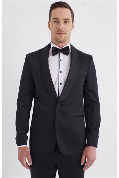Black 056 Slim Fit Çıkma Saten Yaka Siyah Damatlık Smokin Takım