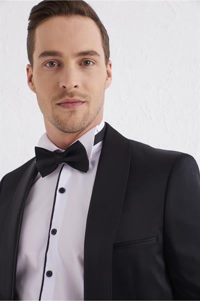 Black 056 Slim Fit Çıkma Saten Yaka Siyah Damatlık Smokin Takım